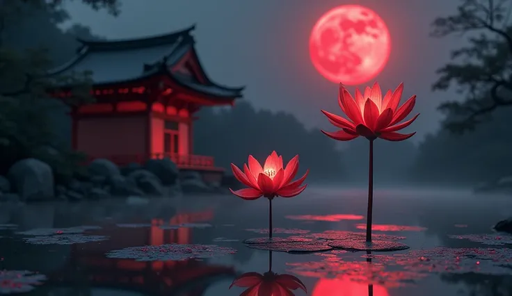 Red spider lily flower in water with japanese shrine with red moon and spirit vibe