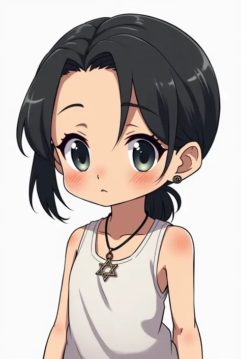 Create a chibi-style anime character based on a person with medium-length dark hair tied back in a low ponytail. The character has a light beard and mustache, dark expressive eyes, and is wearing a tank top. They have an earring in one ear and a pendant wi...