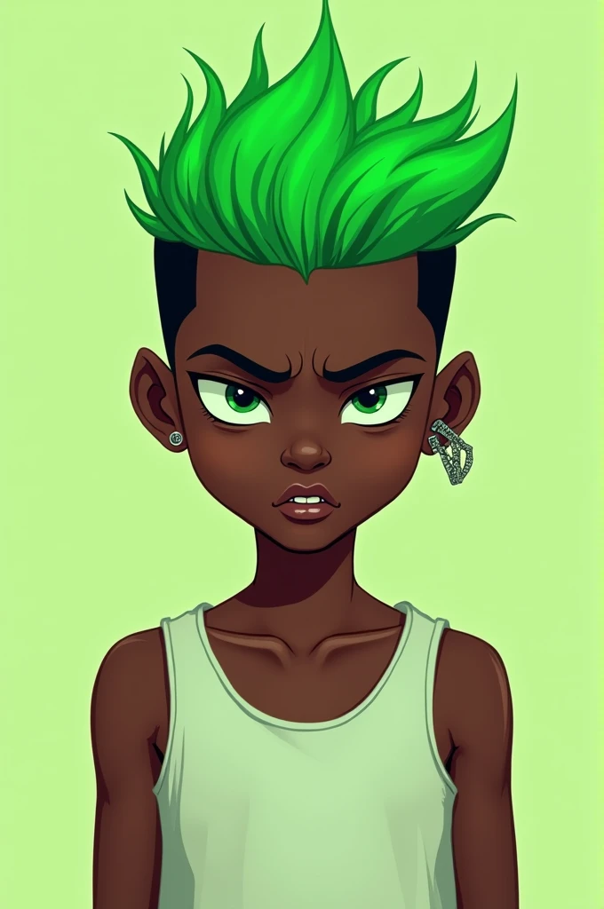 A green hair black boy character sheet, style by Gorillaz 