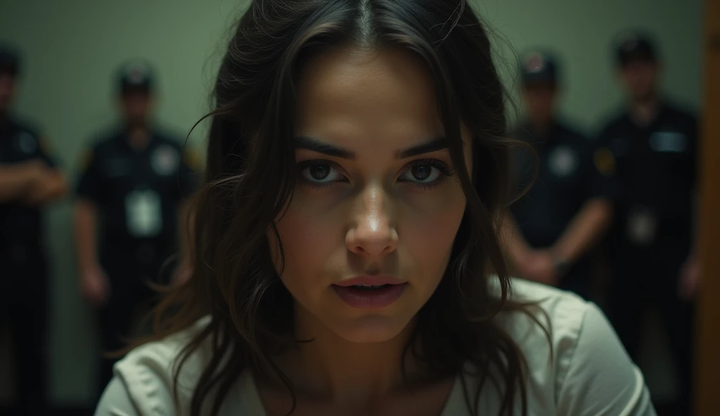 Scene: A close-up of Camila’s face as she delivers her shocking revelation, her expression steady but filled with hidden emotion. Her lips are slightly parted as she speaks, and the room behind her—guards, officials—appears blurry, out of focus, highlighti...