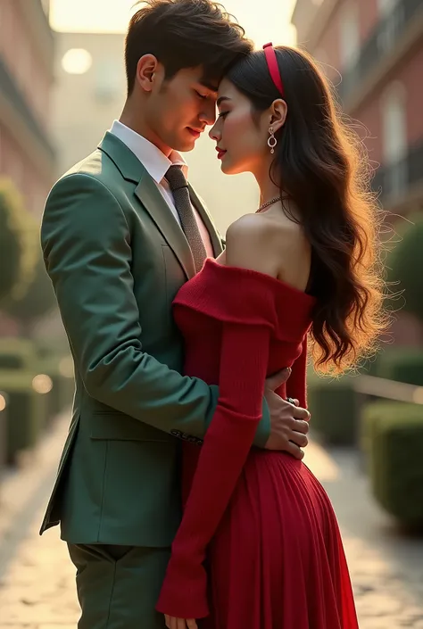 (realistic, photo-realistic:1.4), (masterpiece, best quality:1.2), high resolution, intricate details, extremely detailed, realistic and sharp details, (full body), couple, hetero, (1girl, hairband, off shoulder red sweater minidress), (1boy wearing light ...