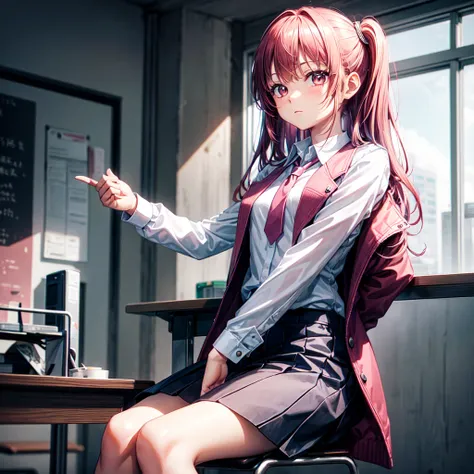 Kyoko DG, 1 Girl, tie, Solitary, jacket, shirt, Looking at the audience, Long sleeve, white shirt, collared shirt, Sit in a chair, classroom, Pink blood,