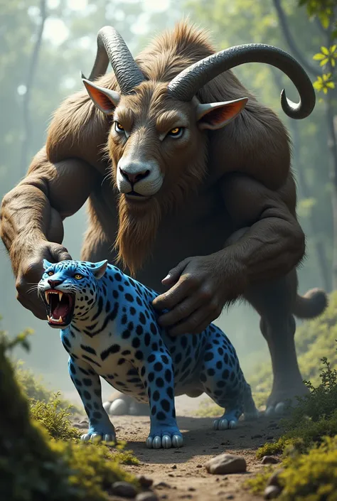 Big, strong goat eating a scared blue jaguar