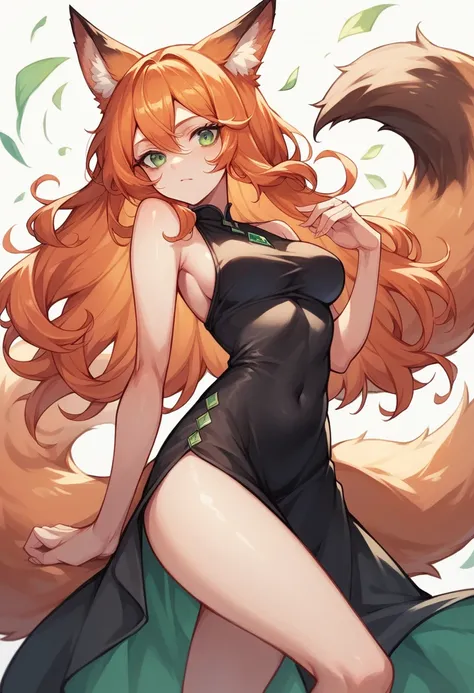 a hot anime  fox girl with long, wavy, ginger hair , green eyes wearing a black dress and has fox ears and tail 
