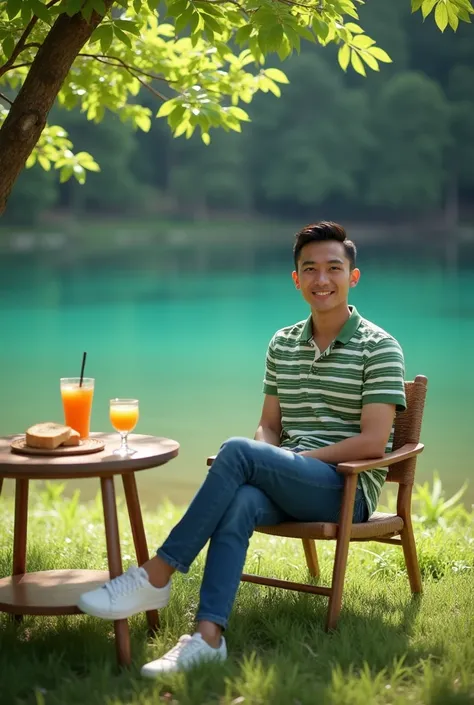 A handsome Indonesian man with very short hair wearing a green and white shirt, blue jeans, white shoes, sitting on a wooden chair with a charming smiling face, there is a table with juice and bread on the edge of a beautiful lake with clear water, there i...