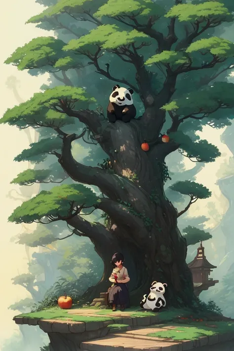 The panda sees a tall apple tree with ripe apples, golden ratio, fake detail, trending pixiv fanbox, acrylic palette knife, style of Makoto Shinkai, Studio Ghibli, Genshin Impact, James Gilleard, Greg Rutkowski, Chiho Aoshima