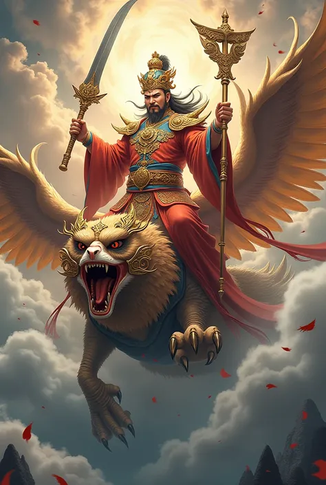 Chinese male deity with four hands holding weapons riding on a Garuda