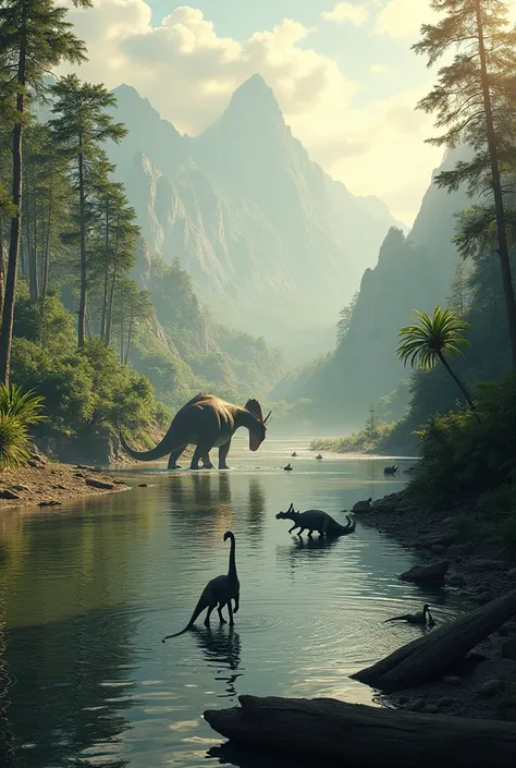 Draw me a view of a river in the Cretaceous period