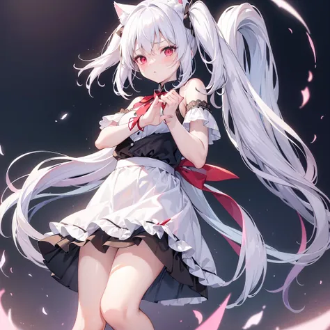 ((masterpiece, Highest quality, Highly detailed CG, unity 8k wallpaper,)), One woman, darkness、 Maid clothes with short skirts、I can barely see your face、Red eyes、assassin、Eyes that shine mysteriously、White Hair、ショートボブ、I can see your thighs、I can see your ...