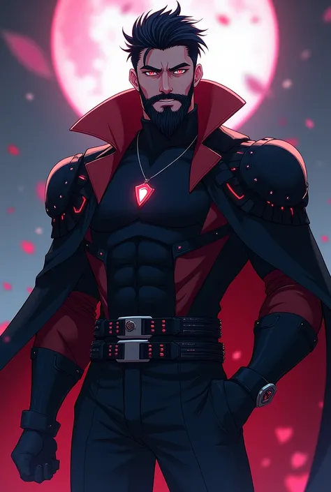 Create an anime villain inspired by a confident man with black hair and a  full beard. The character should have sharp, intense eyes and a cute smile, exuding a powerful, menacing aura. Style the hair in a slick, slightly spiky short fashion that adds to t...