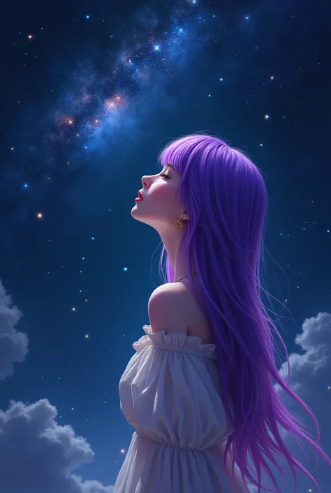  A girl with purple hair with the stars in the background