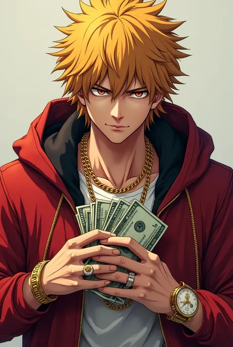 ichigo en mode gansta avec un chaine une bague et une montre en or entrain de recompter des liasses de billet