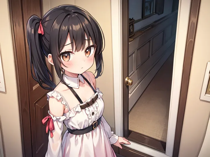 nsfw,best quality,ultra detailed,
(girl ,, , small_breasts),
black hair,side ponytail,brown eyes,baby face,

sleeve less,wearing white pink dress with shoulder straps,(glimpse ),
sense of curiosity,,lean forward,

( bewildered expression,from inside the ir...