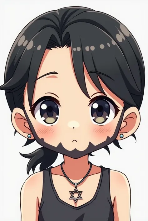 Create a chibi-style anime character based on a person with medium-length dark hair tied back in a low ponytail. The character has a light beard and mustache, dark expressive eyes, and is wearing a tank top. They have an earring in one ear and a pendant wi...