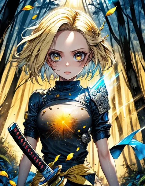 dark oily atmosphere android 18 + sexy cyberpunk sensual holding a celestial glass blade Katana with silver blue handle in a forest with gold petals with some sun rays passing through the trees, she is hurt, and she has red rays as her greatest power aroun...