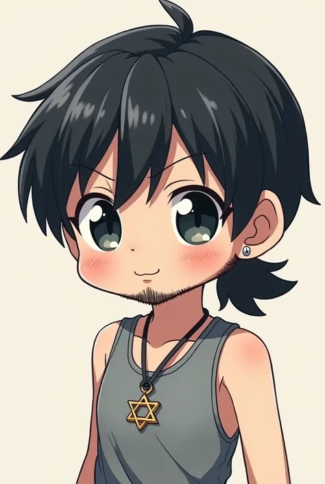 Create a chibi-style anime character based on a person with medium-length dark hair tied back in a low ponytail. The character has a light beard and mustache, dark expressive eyes, and is wearing a tank top. They have an earring in one ear and a pendant wi...