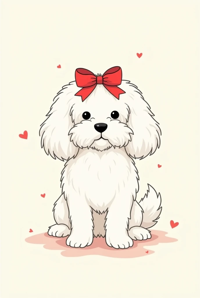 create a cute and delicate draw non realist Just with thin lines of a female Lhasa Apso with a red ribbon on its head