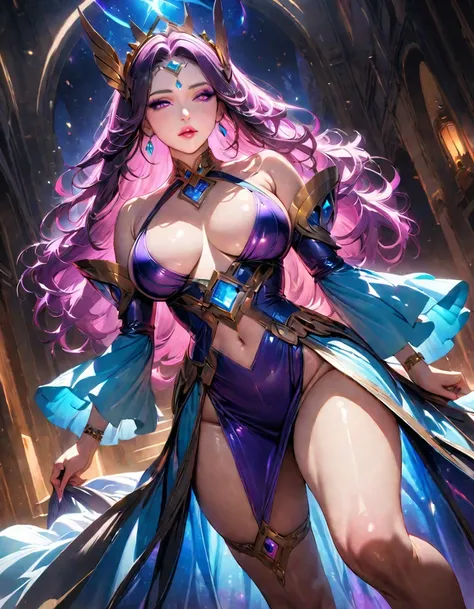 Mature beautiful woman,(Best Quality,Extremely detailed depiction,Incredibly absurd high definition,Anatomically accurate,Shiny skin,Porcelain-like skin,Curvy Legs),(A cosmic-scale goddess in a mysterious costume),(Fantastic dress),eyelash,Eyeshadow,Eyelin...