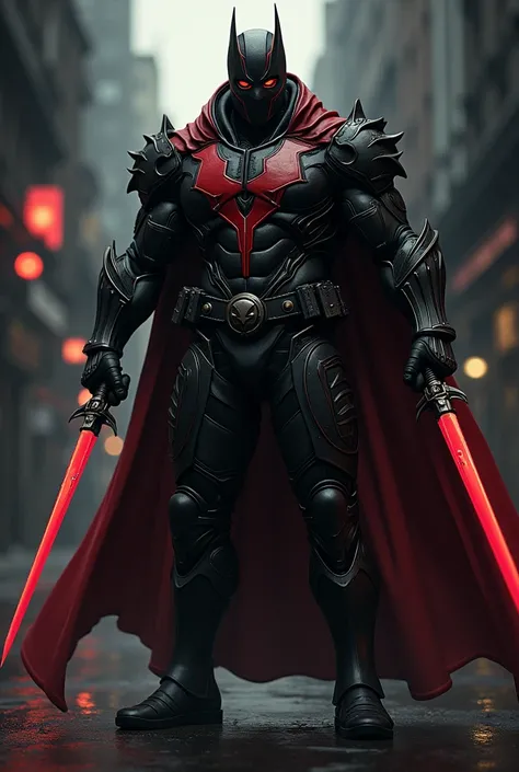 Super hero black and red suit with armor and 2 swords without cape full mask