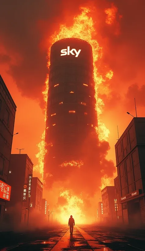 "Futuristic city night view engulfed in huge fire。High-rise building engulfed in flames、The sky is dyed red。In the center, a huge building with the word &#39;Sky&#39; written on it was burning.、The surrounding buildings are engulfed in flames.。Japanese cha...