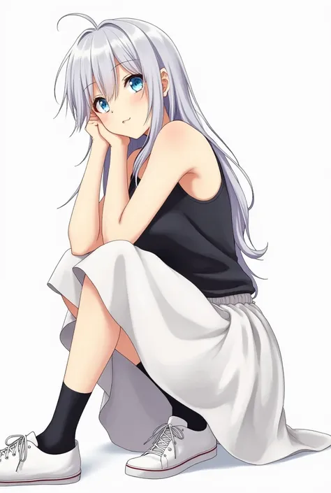 Girl, 20 years old, detailed, blue eyes, long hair, silver hair, left-sided bangs, black tank tops, white skirt, black socks, white shoes, hands on the head, full body. 