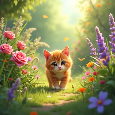 small orange cat walking in a garden full of colorful plants and flowers