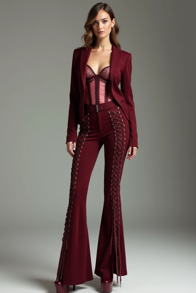 A semi-elegant suit - sexy fabric, Wine-colored pants with braids woven into laces along the length, It is flared style and has a wine-colored leather waistband but there is a contrast in material, Pink platform heels and a rose corset-style blouse with de...