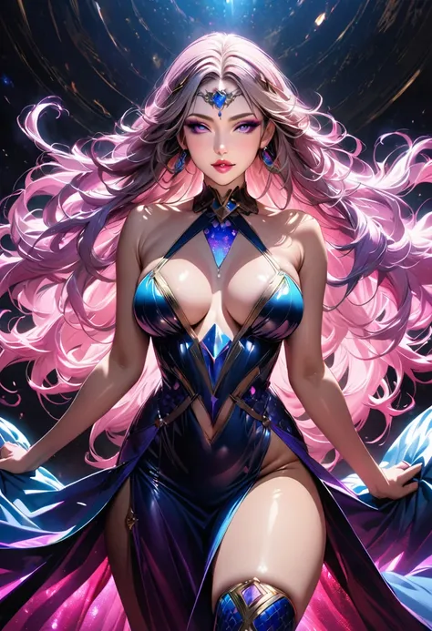 Mature beautiful woman,(Best Quality,Extremely detailed depiction,Incredibly absurd high definition,Anatomically accurate,Shiny skin,Porcelain-like skin,Curvy Legs),(A cosmic-scale goddess in a mysterious costume),(Fantastic dress),eyelash,Eyeshadow,Eyelin...