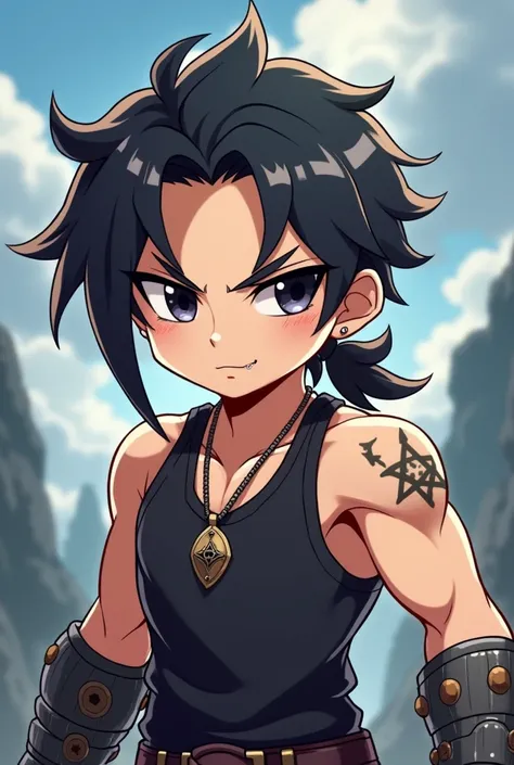 Create a chibi-style anime character based on a person with medium-length dark hair tied back in a low ponytail, similar to Sieghart from Grand Chase. The character has a light beard and mustache, dark intense eyes, and is wearing a tank top. Include a sin...