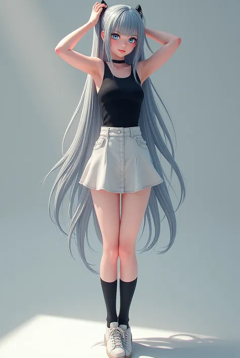 Girl, 20 years old, detailed, blue eyes, long hair, silver hair, left-sided bangs, black tank tops, white skirt, black socks, white shoes, hands behind head, full body. 