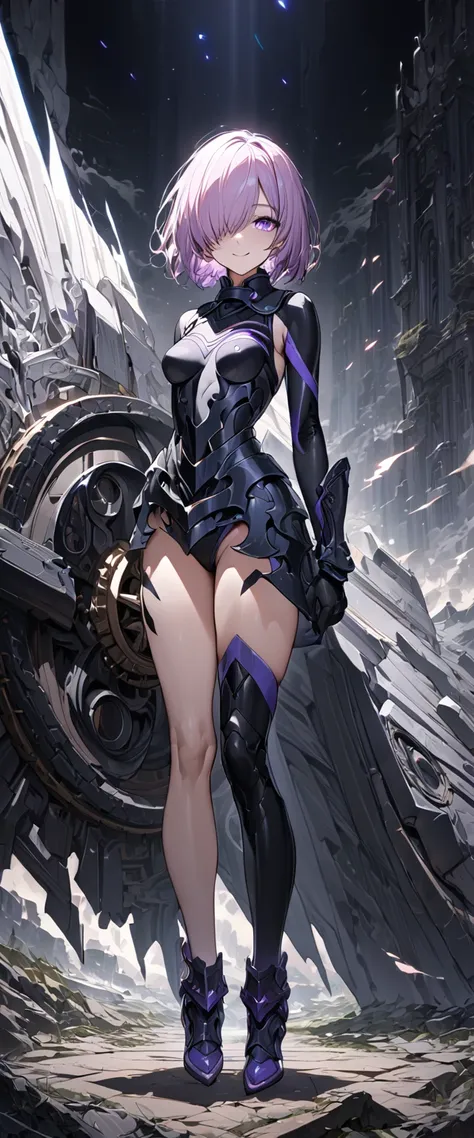 whole body, masterpiece, best quality, one girl, (detailed), dark armor, dark cross shield, mash kyrielight, light purple hair, ...