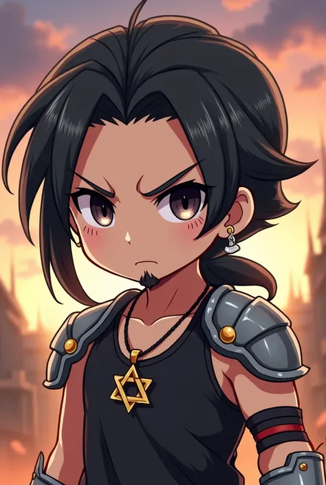 Create a chibi-style anime character based on a person with medium-length dark hair tied back in a low ponytail, similar to Sieghart from Grand Chase. The character has a light beard and mustache, dark intense eyes, and is wearing a tank top. Include a sin...