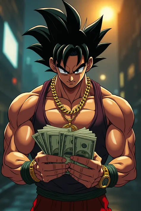 songoku en mode gansta avec un chaine une bague et une montre en or entrain de recompter des liasses de billet