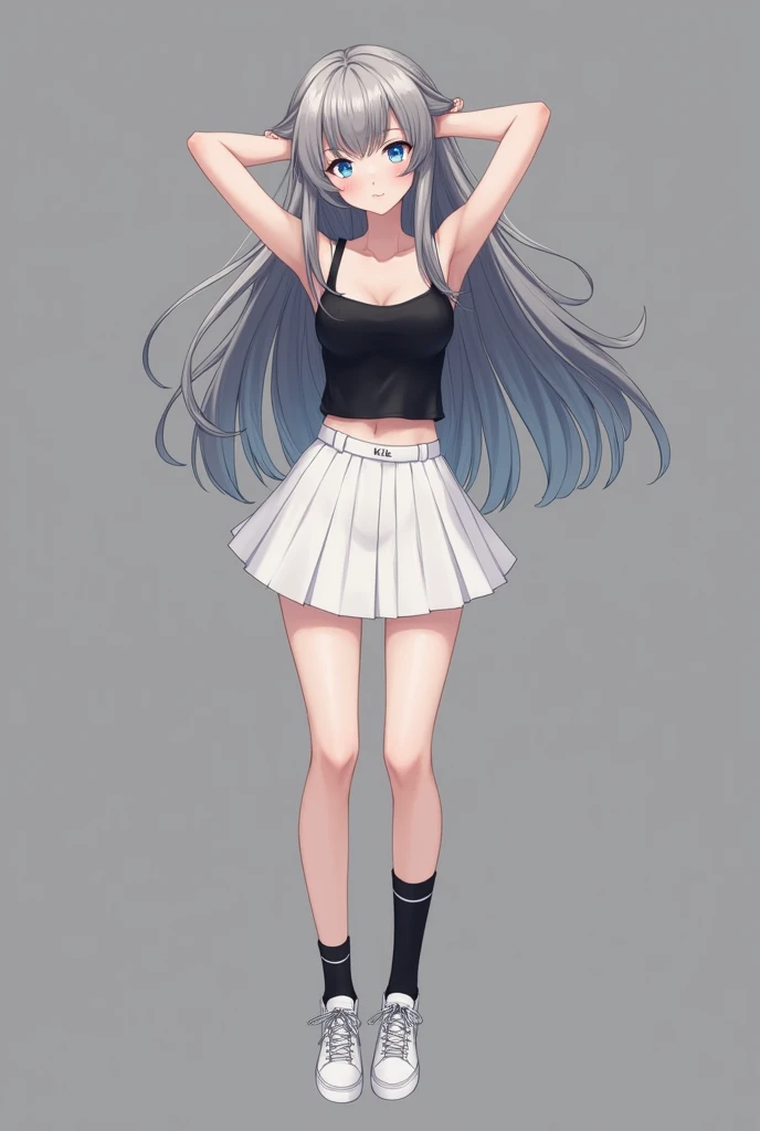 Girl, 20 years old, detailed, blue eyes, long hair, silver hair, left-sided bangs, black tank tops, white skirt, black socks, white shoes, hands behind head, full body. 