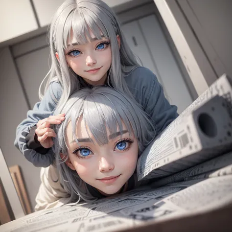 solo, blue eyes, bangs, Gray Hair,masterpiece, 目の間のbangs, Grey Hair, Silver Hair, Disheveled Hair, smile, Slanted Eyes, Simple Background, money