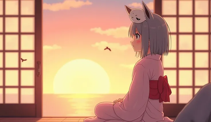 Imagine an anime-style character, in the soft light of the sunset, wearing a simple kimono in pastel colors, with subtle and delicate details. A kitsune mask rests on his head, tilted, revealing his calm, thoughtful face. The surrounding environment is min...