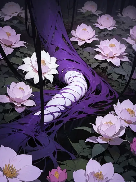 In a dark, eerie setting, a lifeless body lies on the forest floor, partially hidden by the undergrowth. Twisting vines and delicate flowers have begun to grow out of the body, wrapping around its limbs and torso. The flowers are vibrant and unnaturally be...