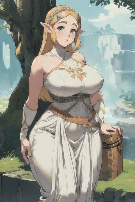 (best quality), (masterpiece), 1 girl, early 20s, huge heavy breasts, thick, thick lips, wide hips, thin waist, princess zelda, nintendo, the legend of zelda, botw, white dress, dress