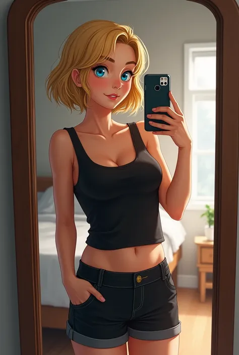 blonde, blue eyes and in front of the mirror taking a picture with the cell phone, black shorts and tank top set for 1 person, Short ROSA. 