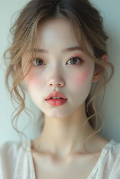 Woman with almost blond brown hair, porcelain white skin, thick, pink lips, with big eyes, face of an angel, that is not asian 