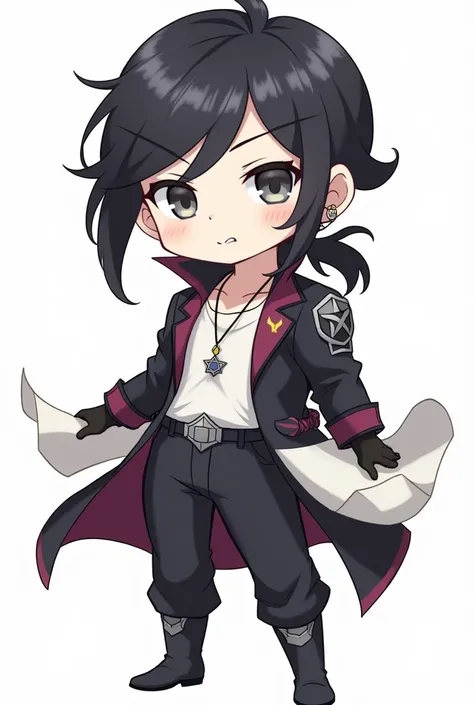 Create a chibi-style anime character based on a person with medium-length dark hair tied back in a low ponytail, inspired by Sieghart from Grand Chase. The character has a light beard and mustache, dark, sharp eyes, and is wearing a casual but professional...