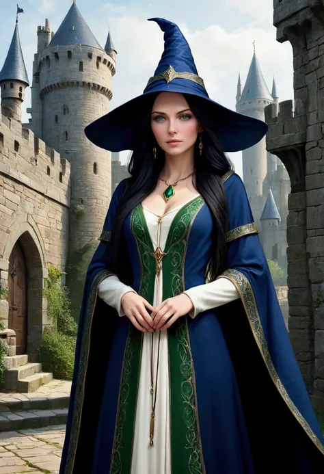 realistic, best quality, masterpiece, detailed, perfect face, fantasy, medieval, lady, mid twenties, adult, fair skin, black hair with one white strand, long hair, loose hair, green eyes, sorceress, sorceress robes, dark blue robes, long sleeved robes, wiz...