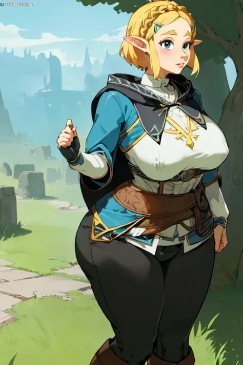 (best quality), (masterpiece), 1 girl, early 20s, huge heavy breasts, thick, thick lips, wide hips, thin waist, princess zelda, nintendo, the legend of zelda, botw, totk, short hair, capelet