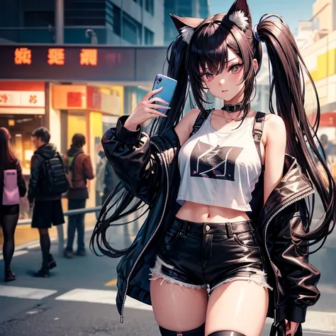 Black shorts　((Beautiful girl holding a mobile phone in her hand)) 4K  8K:: Cyberpunk::1 --v 4 --quality 2 anime girl、Long hair and cat ears、on the road　Twin tails