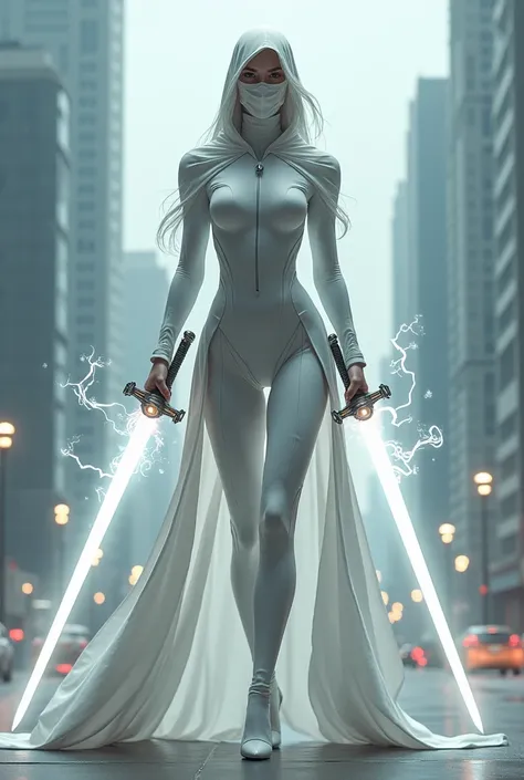 Super heroine woman white suit with cape and mask with 2 swords connected by threads 