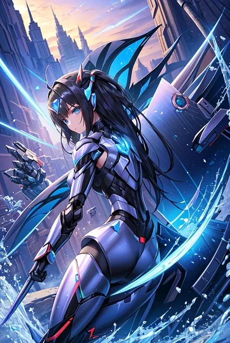 A beautiful woman equipped with a cool mantis robot armor、Robot wearing ninja outfit、Diamond-shaped shield on left shoulder、His right arm is equipped with a device that emits beam blades.、The right arm is ready with a beam blade.（High resolution, solo, One...