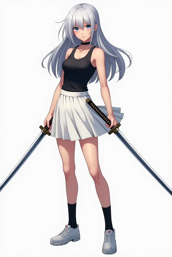 Girl, 20 years old, detailed, blue eyes, long hair, silver hair, left-sided bangs, black tank tops, white skirt, black socks, white shoes, holding dual katana, full body. 