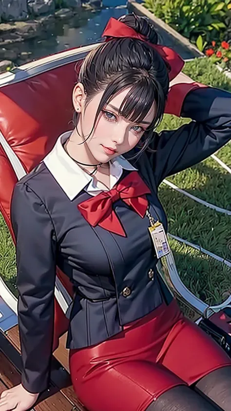 masterpiece, , Fermonica, Hair Bun, Weaving, Red bow, Black jacket, Black skirt, Red pantyhose, Upper body, From above, Supine, Grass, Looking at the audience, tired, Smile, garden 