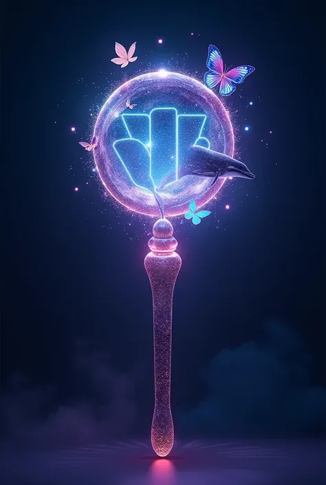 Create a revolutionary universe-themed BTS lightstick  , It must contain the BTS symbol , a whale , butterflies and a bomb