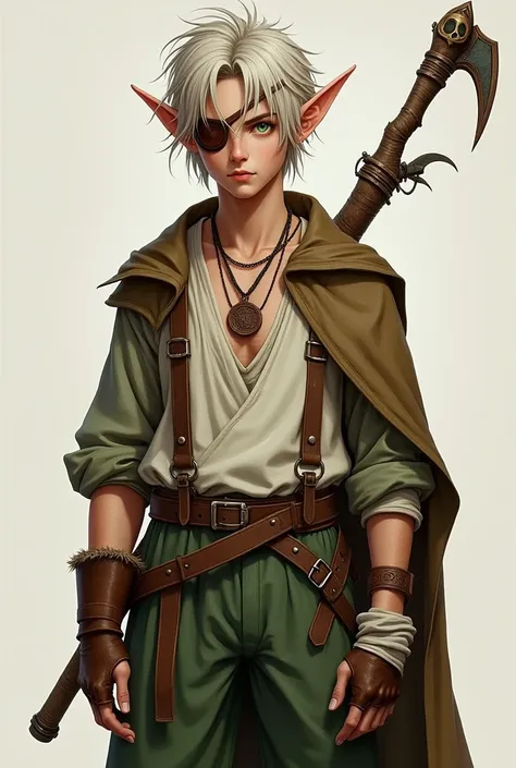 The young adult male elf has a scruffy and unkempt appearance.. Her ash blonde hair is disheveled, and a leather patch covers his left eye. Wear baggy, worn-out clothing, with a worn necklace and a rusty pendant. His green eyes shine brightly, reflecting h...